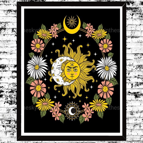 Handmade Other - Moon Sun Daisy Celestial Pink Black Gold Art Print 8.5x11